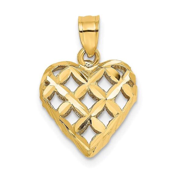 14k Yellow Gold 3-D Diamond-cut Filigree Puffed Heart Charm